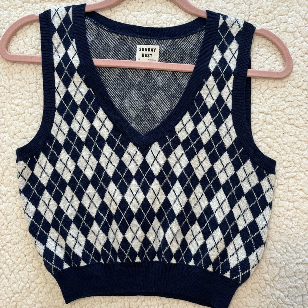 Aritzia Blue and White Argyle V-Neck Sweater Vest